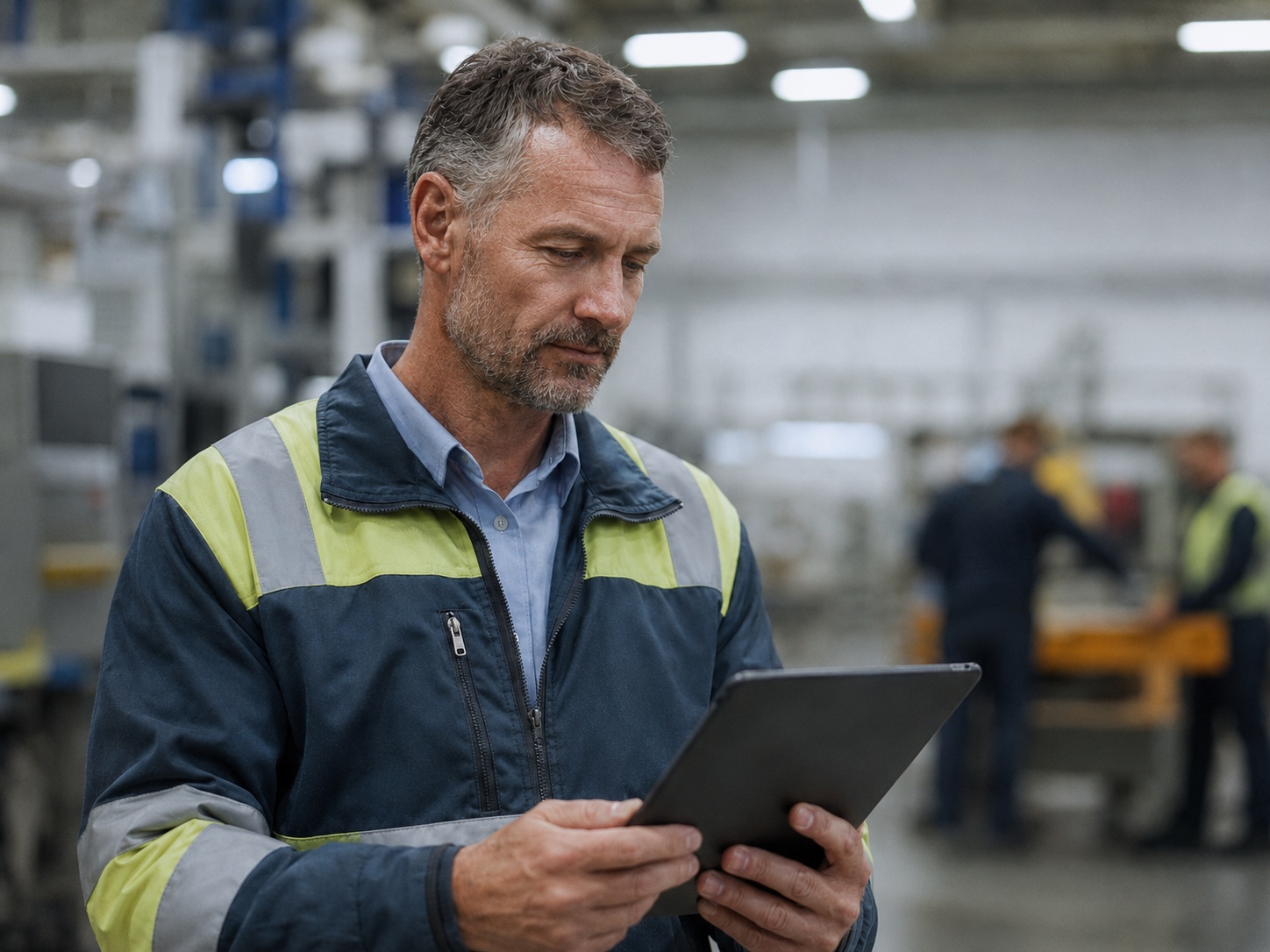 Responsable sécurité sur un site de production avec une tablette