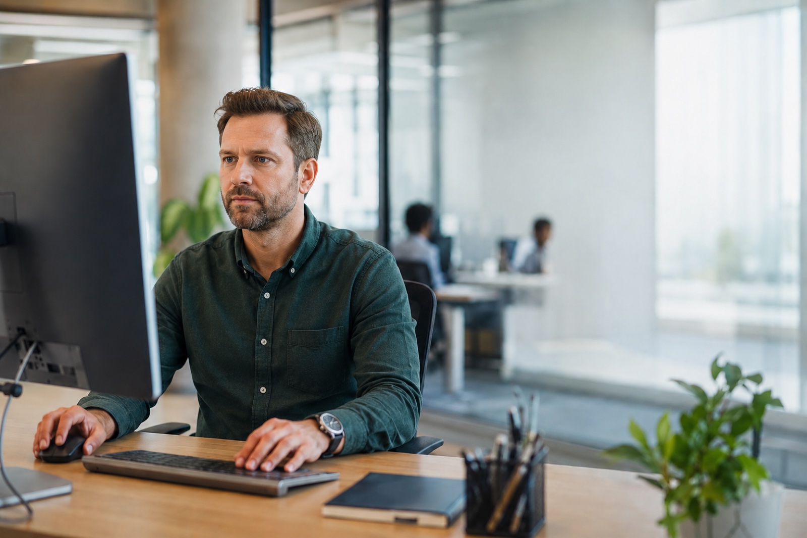 Líder de L&D revisando um framework de competências em seu laptop
